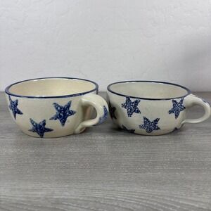 Marshall Pottery Texas Blue Star Stoneware Soup Mugs Set of 2 Signed Handcrafted